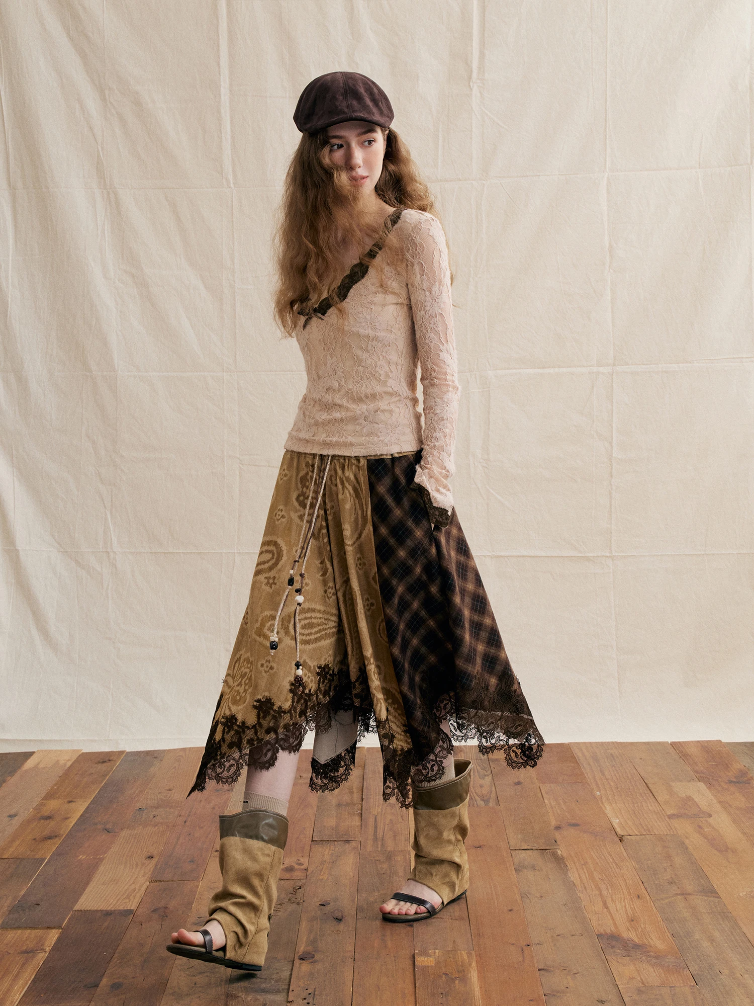 Retro Lace Trimmed Casual Pants Women's High Waist Patchwork Skirt Pants Asymmetrical Design Street Style Autumn Collection
