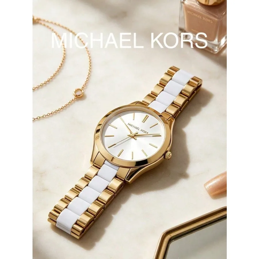 Michael Kors Women Quartz Watch Gold & White Two-tone Bracelet White Sunburst Dial Slim Elegant Ladies Wristwatch Gift