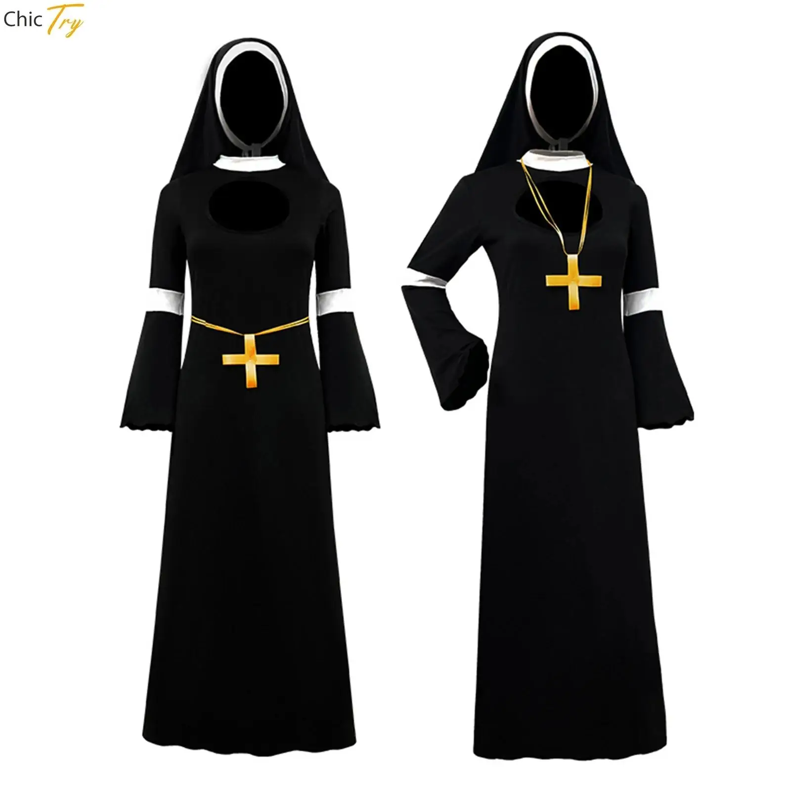 Halloween Church Religious Convent Nun Uniform Lady Long Flare Sleeve Dress With Headscarf Cross Necklace Nun Superior Costume