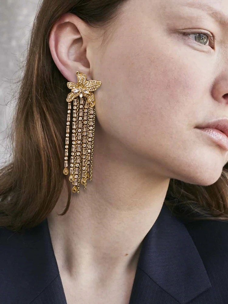 

Full Diamond Flower Earrings, Vintage Elegant Earrings, Zircon Tassel Earrings
