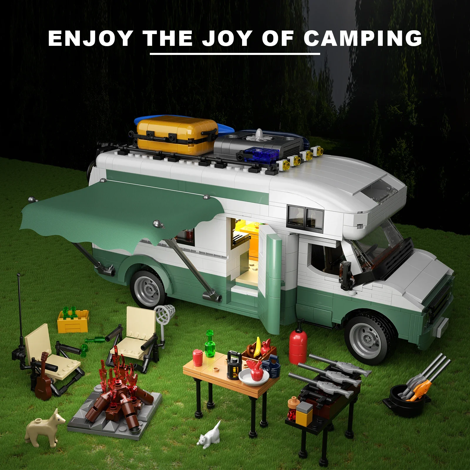 MOC-Camping-car Van de vacances, kit de nuit de construction avec boîte et lumière, grands véhicules, modèle de caravane, jouets de collection