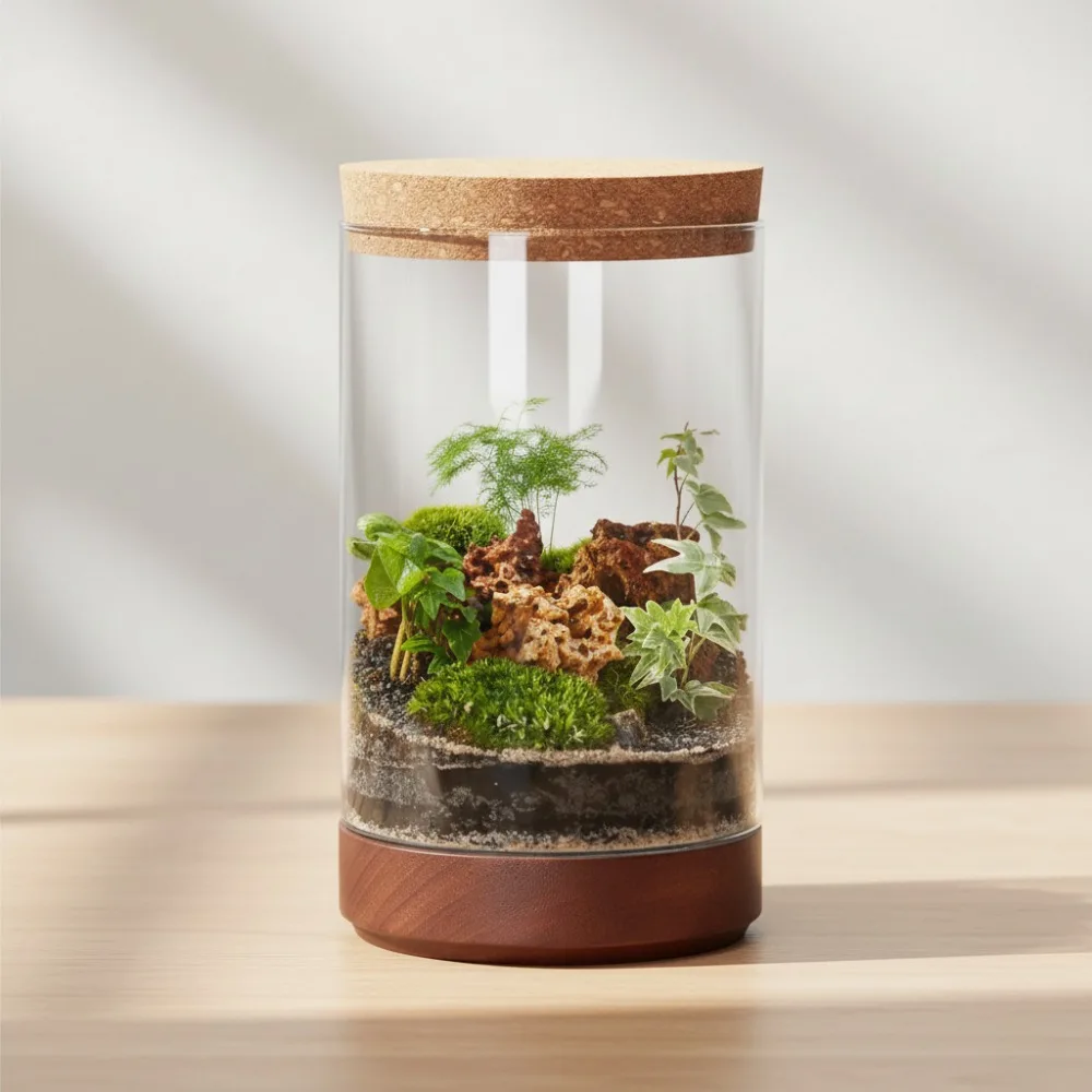 

Clear Glass Cylindrical Terrarium Planter with Wood Base & Cork Lid - Home Office Hydroponics Decor