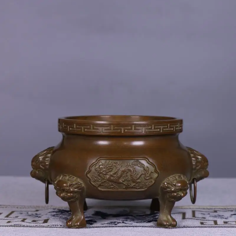 Chinese Antique Collectible Pure Brass Home Use Tripod Incense Burner Temple Buddha Offering Censer Desk Decoration
