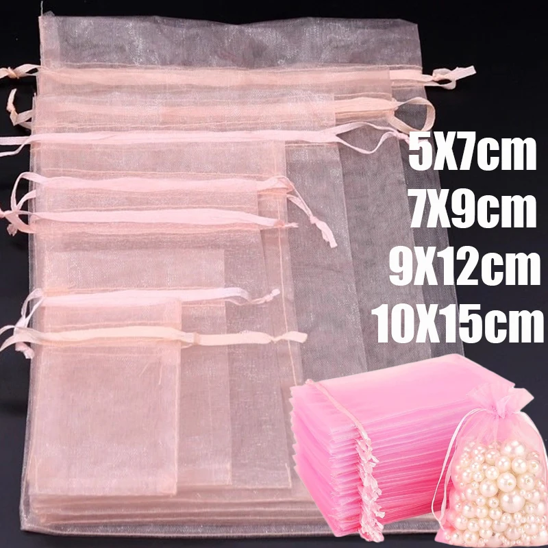 

50PCS Organza Bags Pink Mesh Organza Jewelry Bags Drawstring Small Drawstring Favor Pouches Christmas Candy Wedding Gifts