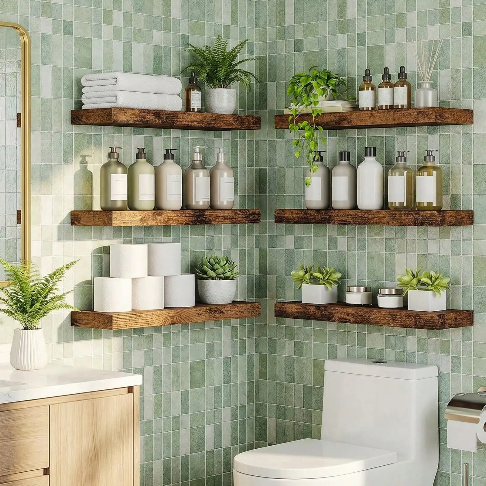 6-Pack 15.8 Inch Wood Floating Shelves, Farmhouse Wall Mounted Display Shelf Set, Rustic Storage Rack for Bathroom, Bedroom, Kitchen, Living Room Decor