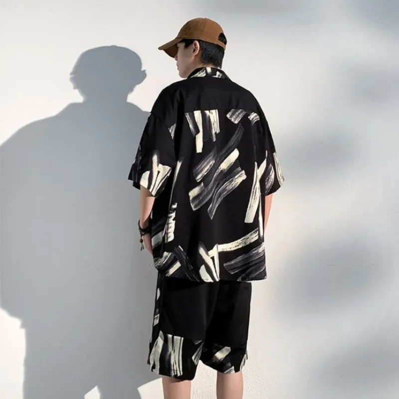 

Men Casual Loose Summer Plus Size Two Piece Set Chinese Style Ink Wash Short Sleeve Shirt Ice Silk Thin Shorts Outfit