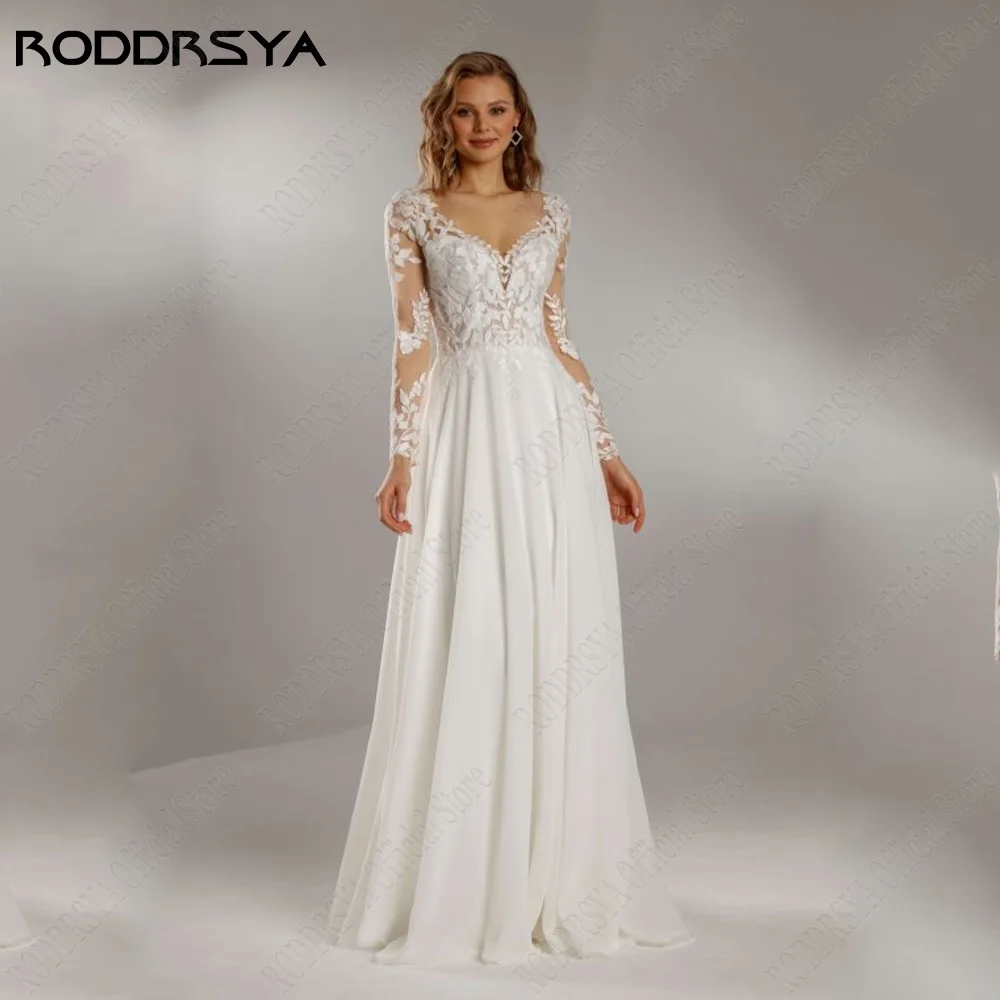 RODRSY Civil Abiti Da Sposa Per 2024 Sposa Maniche Lunghe Backless Chiffon BRODDRSY abiti da sposa civili per il 2024 abiti da sposa in Chiffon senza schienale a maniche lunghe da sposa a-line Applique vestido de noiva