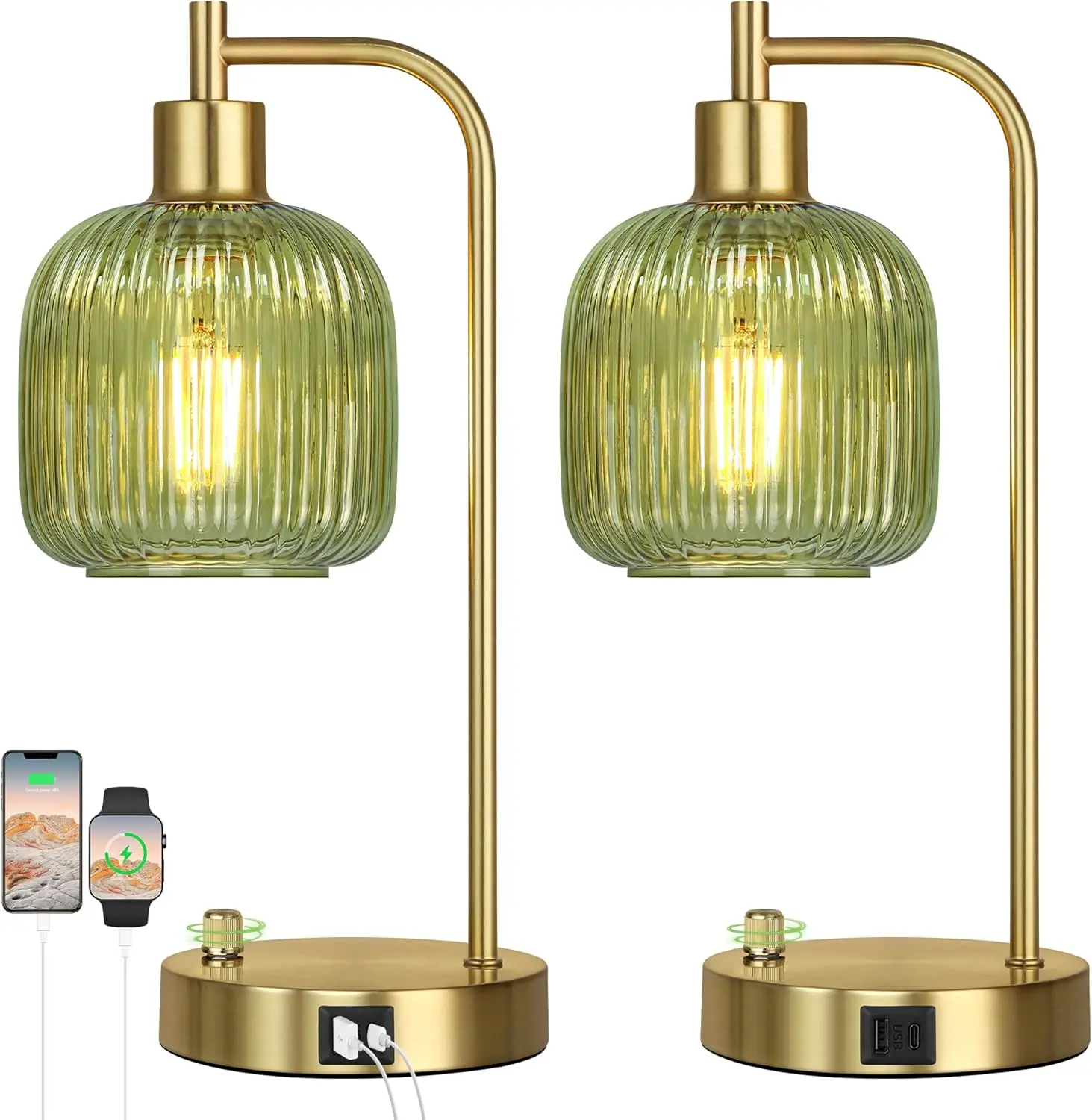 

Green Glass Table Lamp Set of 2 with USB Ports, Dimmable Gold Lamps for Bedroom Living Room Office Decor