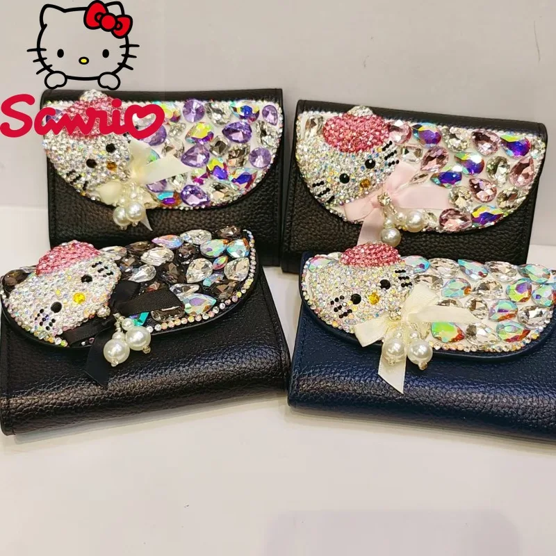 

Hello Kitty New Women's Mini Wallet with Diamonds High-quality Short Coin Purse Black Versatile Banquet Lipstick Storage Bag