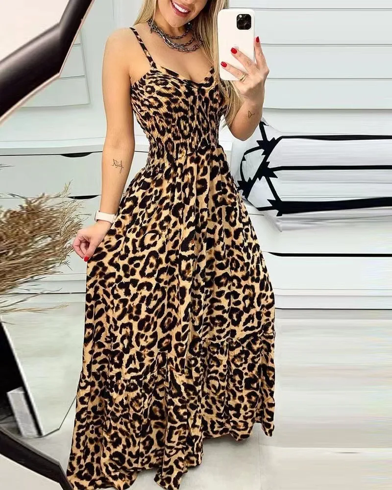 New leopard print suspender V-neck dress high waist skirt sexy temperament fashion long skirt foreign trade women\'s clothing