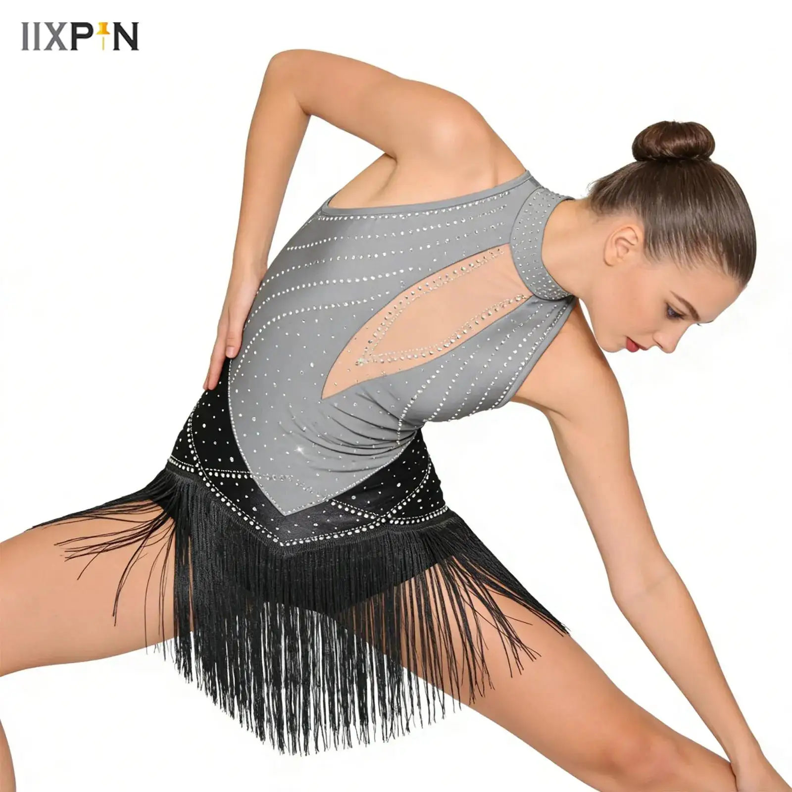

Womens Fringed Dance Leotard Dress Glittery Rhinestones Color Blocking Tassel Bodysuit Dresses Figure Skating Ballet Dancewear