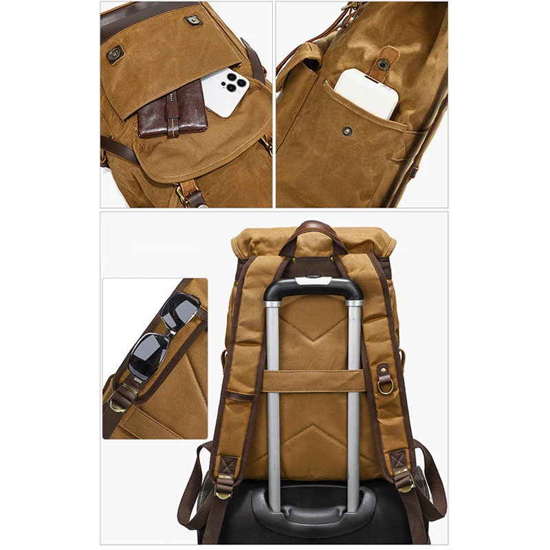 Plecak vintage z płótna z skórzanymi detalami i zapięciem na klamrę, duża torba podróżna na ramię, plecak o dużej pojemności dla mężczyzn.