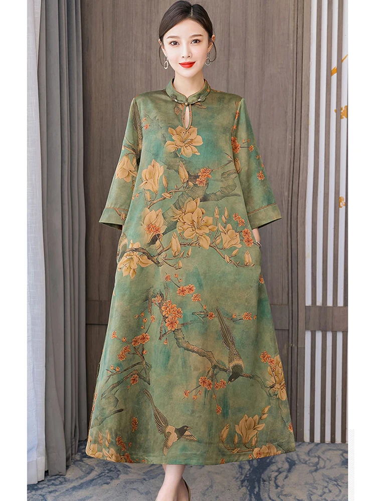 Women Green Silk Long Sleeve Stand Collar Maxi Dress 2024 Korean Vintage Elegant Luxury Dress Autumn Winter Elegant Loose Dress