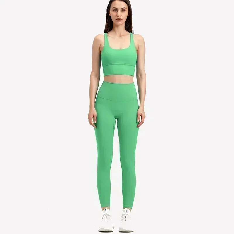 Roupas de treino de limão para mulheres, 2 peças, conjuntos de academia, escovado, sensação nua, cintura alta, yoga, leggings, 4 vias, tecido elástico, sutiã esportivo