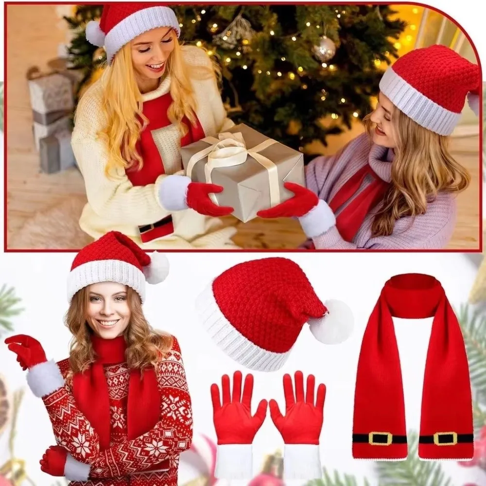Thermal Yarn Christmas Hat Scarf Striped Pattern Plush Pom Knitted Holiday Scarf Gloves Acrylic Fibers Xmas Beanie Merry Couples