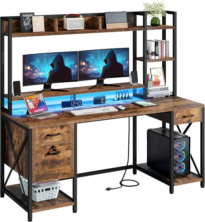 

Computer Desk with Drawers & Power Outlets, File Drawers with Lock, 59" Home Office Storage Shelves & Monitor