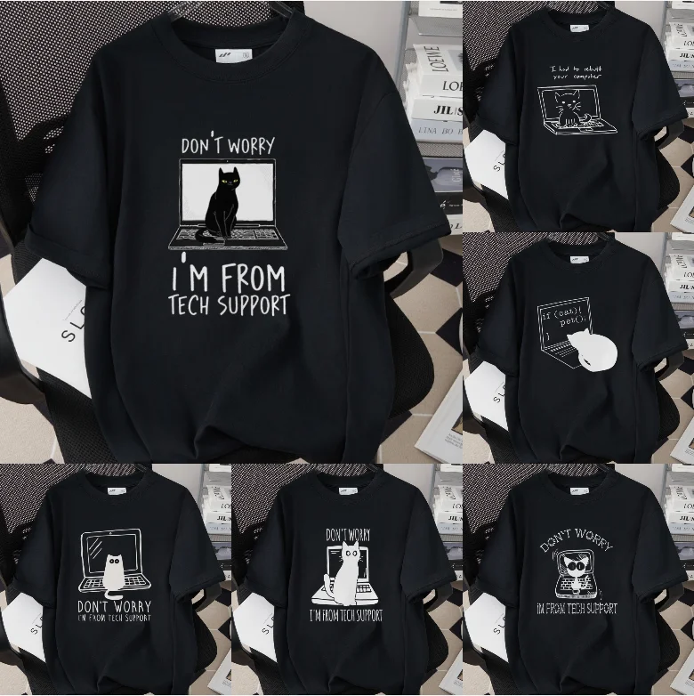 

Футболка с короткими рукавами Tech Cat, черная, американская, английская, с мультяшным рисунком кота, повседневный топ, повседневная универсальная домашняя одежда для пригородных поездок