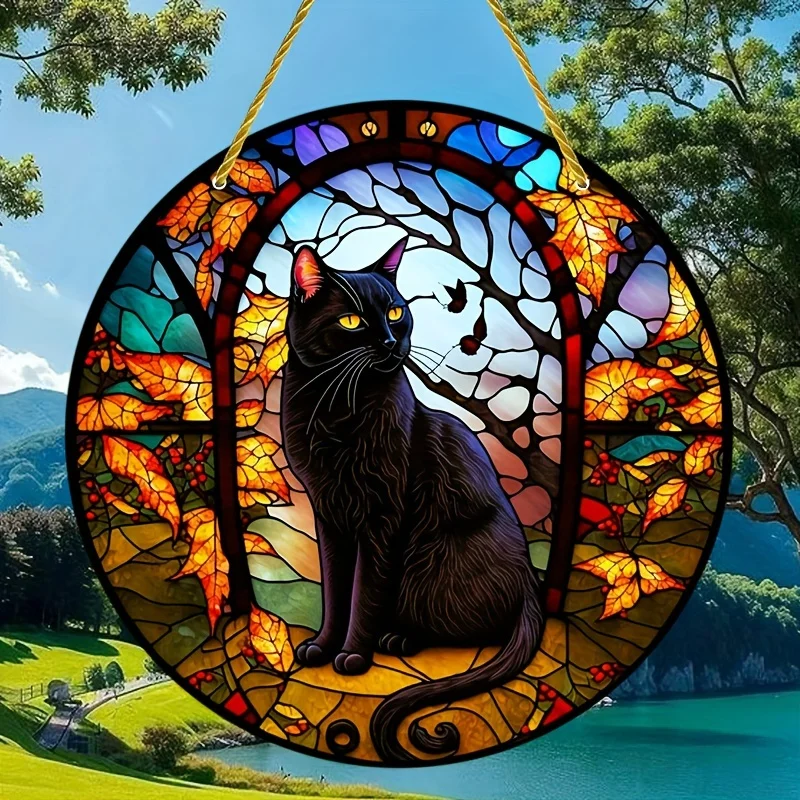 Acrylic Sign Black Cat Stained Suncatcher Animal Window Wall Hanging Ornament Decor for Home Office Room Kitchen Holiday Gift