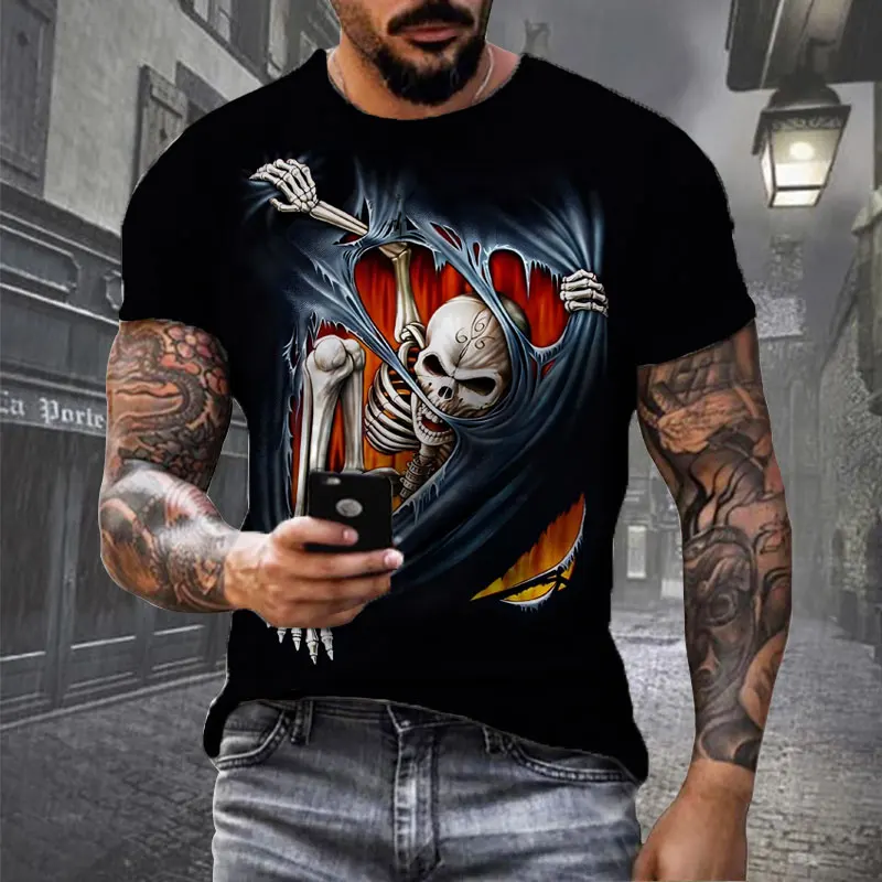 Vintage T Shirts For Men Horror Undead Skull Pattern 3D Printed Short Sleeve Fashion Oversized T-shirt Casual Men\'s Clothing