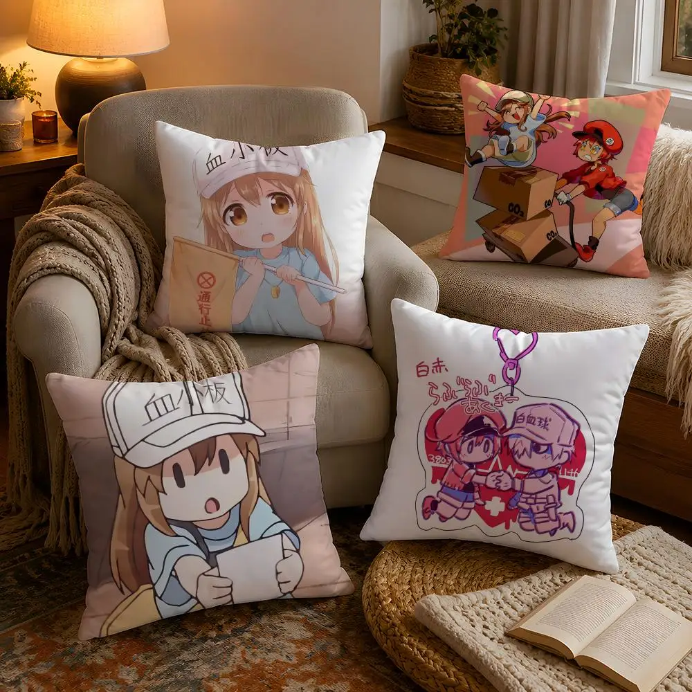 Cells At Work Pillow Case Soft Plush Cushion Cover Double Print and Invisible Zipper for Sofa Home Car Use