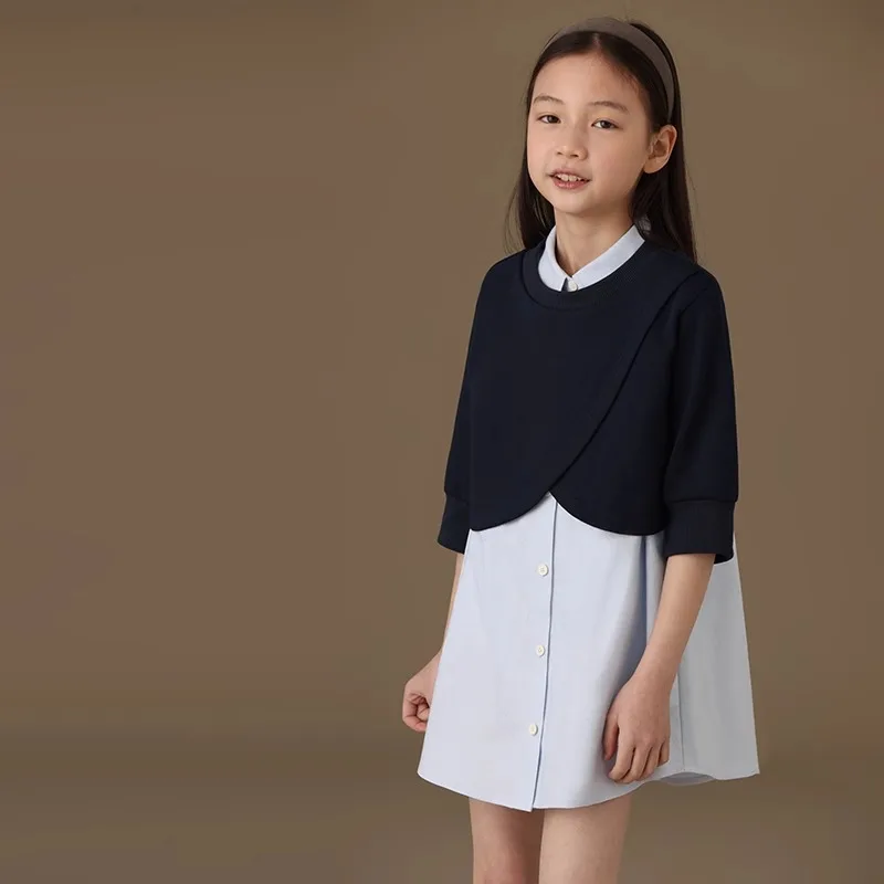 Kids' Girls Clothes Spring Autumn Sweatshirt Layered Sleeveless Shirt Dress Children School Elegant Two-piece Skirt Perfect for