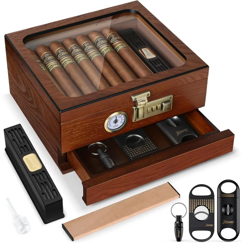 

Хьюмидор для сигар из кедрового дерева, настольный, со стеклянной крышкой, гигрометром, увлажнителем, разделителем и выдвижным ящиком для аксессуаров