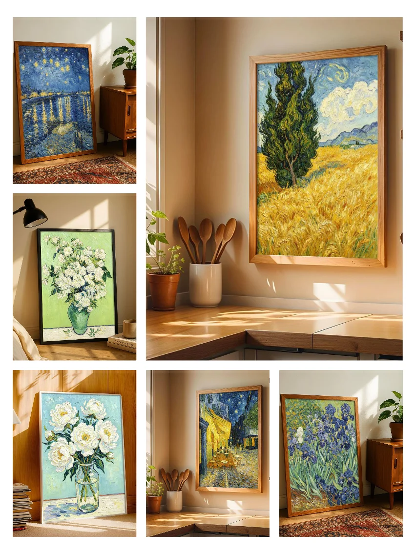 Van Gogh Classic Oil Painting Wall Art Print, Starry Night / White Roses / Iris / Cypress Wheat Field Canvas Poster, Unframed 2D