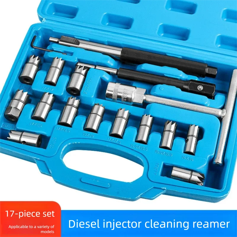 17Pcs Diesel Injector Set Seat Cutter Cleaner Disassemble Tool Kit Universal Injector Re-Face Reamer Tool Set