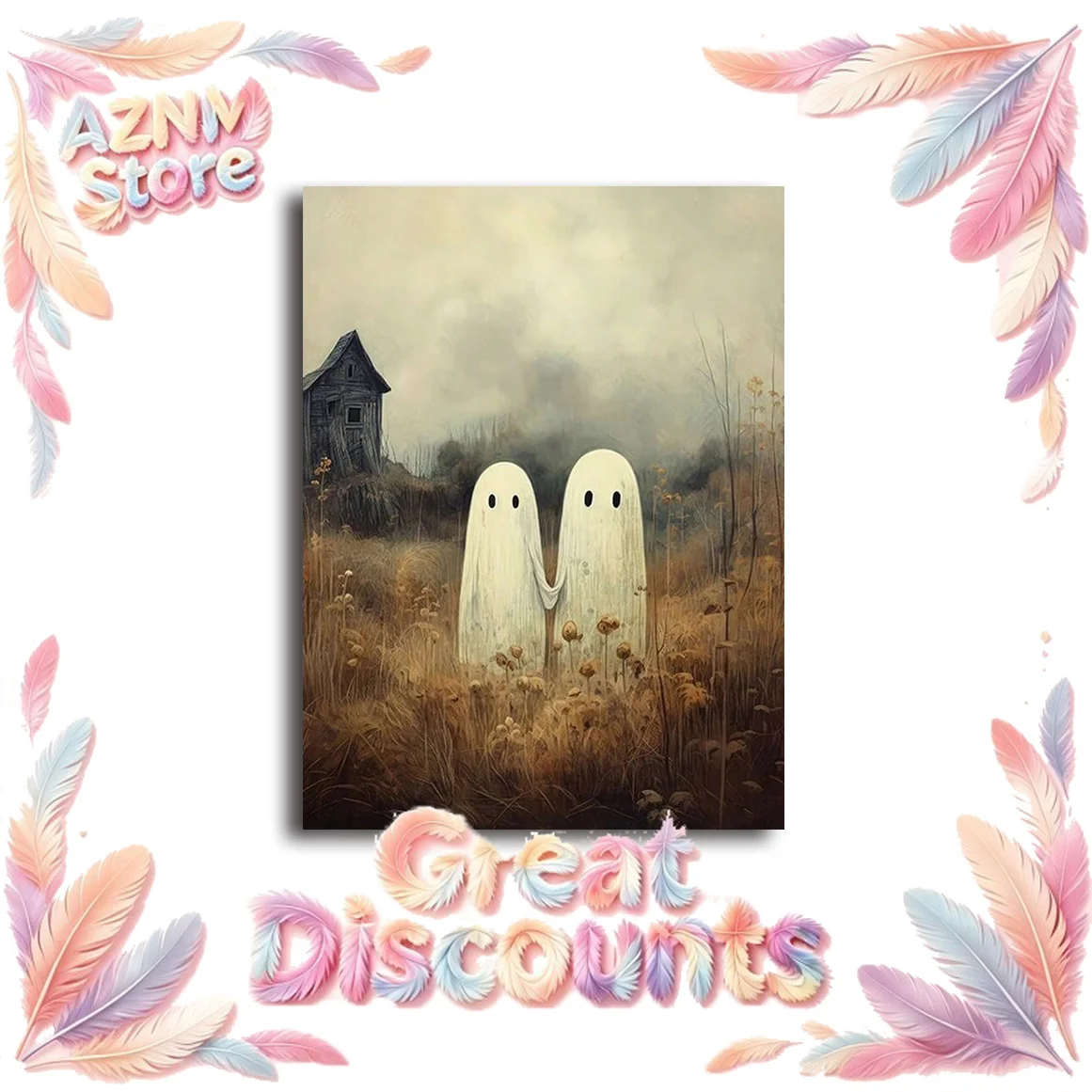 Cute Ghost Brushing Teeth for Black Cat Canvas Print Witch Bathroom Halloween Wall Art Poster for Modern Living Room Home 2026