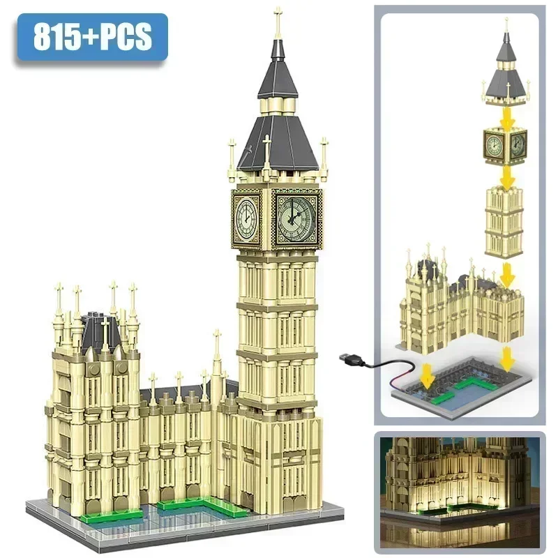 MOC City 815pcs Elizabeth Big Ben Tower Architecture Model Building Blocks With LED Lights Construction Bricks Toys For Kids