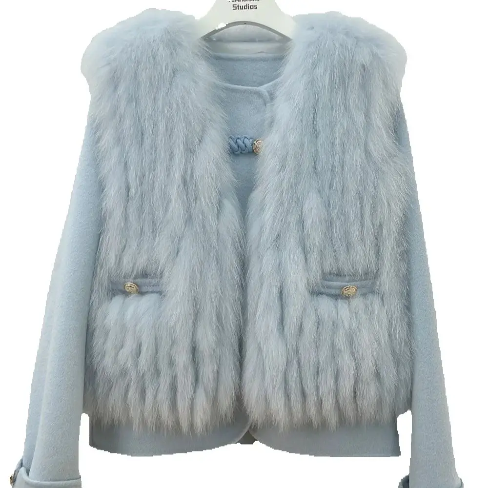 The 2025 winter new two-piece set of fox fur vest, short woolen double-sided cashmere coat and fur coat is a must-have for women