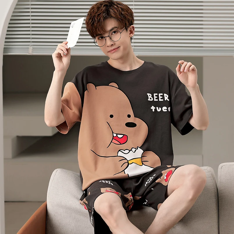 

New Summer 3XL Pijama Set For Men Women Sleepwear Cartoon Bear Pyjamas Suit 2PCS Korean Loose Cotton Loungewear Hombre Unisex