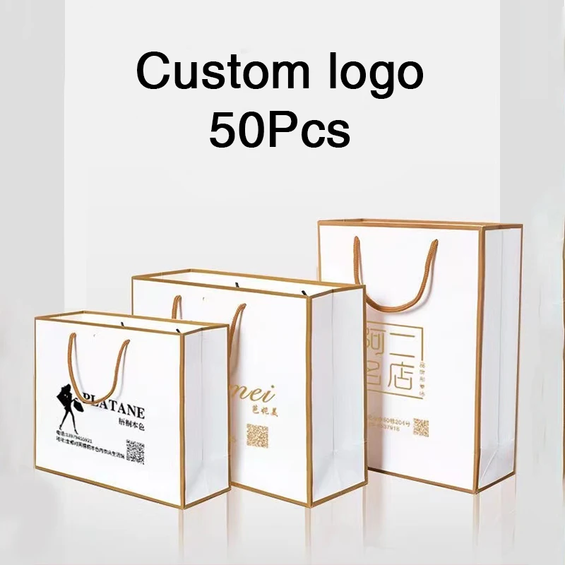 50Pcs/lot Personalization Business Shopping Clothes Package Bag with Handles Festival Gift Paper Packing Bag Custom Logo