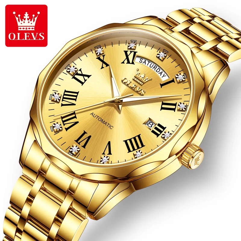 OLEVS  Brand original 6780 golden authentic watches for man Rome luxury Gift Box Mechanical men's watch with steel and diamonds