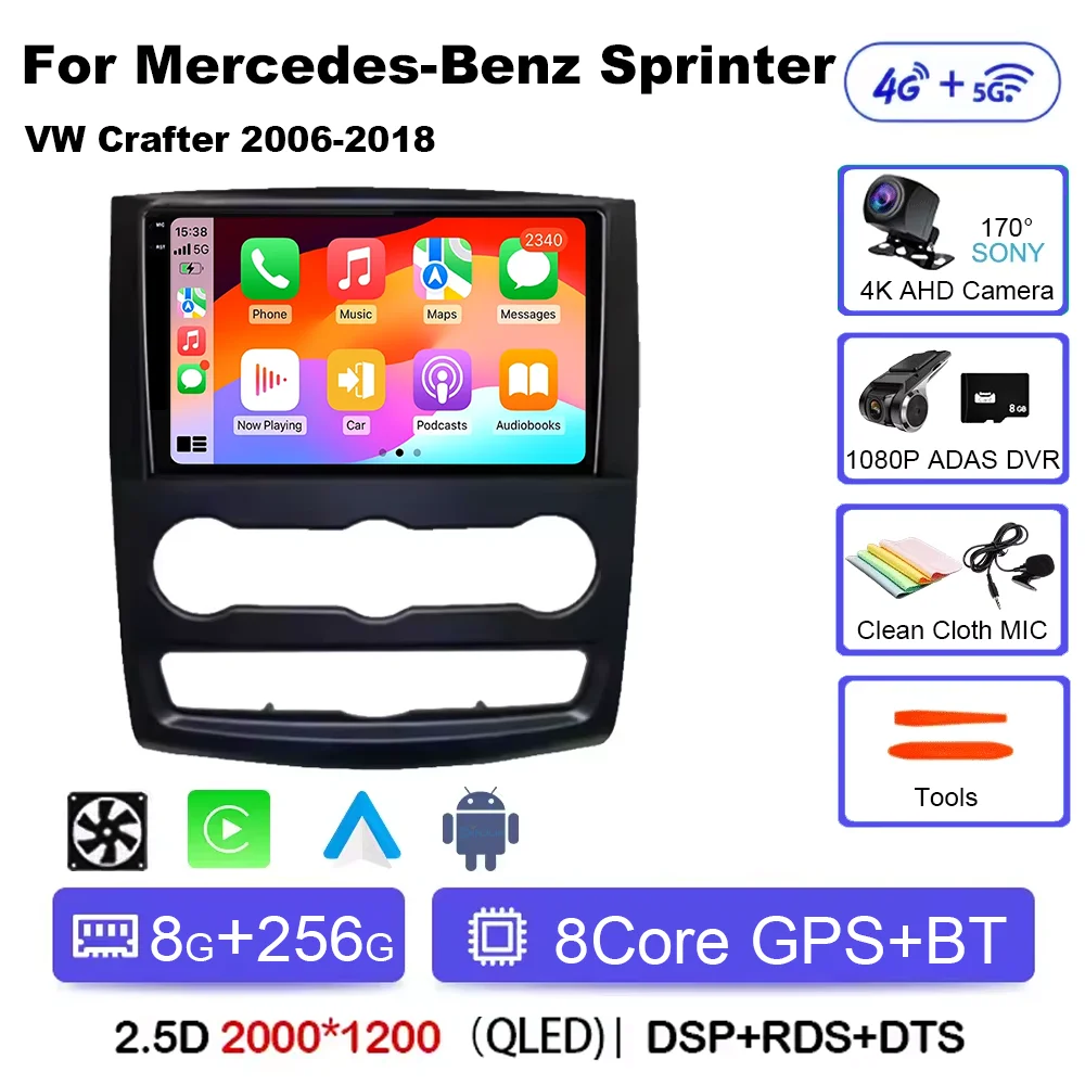 Voor Mercedes-Benz Sprinter W906 VW Crafter 2006-2018 Android 15 Autoradio 2 K QLED Scherm navigatie Draadloze Carplay Auto