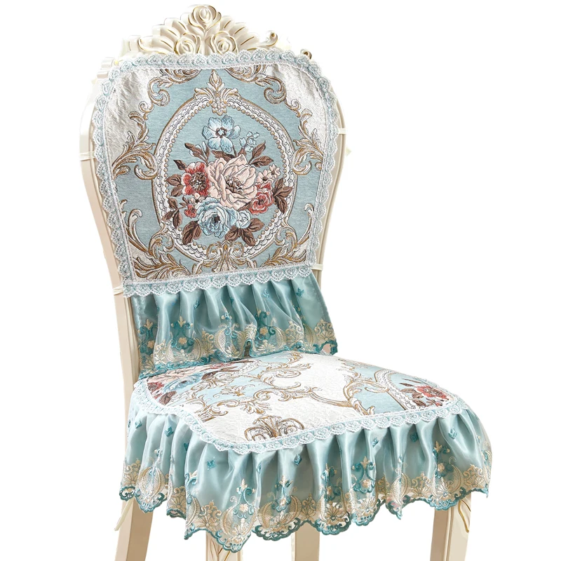 European Luxury Chair Seats and Head Covers Sets Lace Embroidered Retro Khaki Cushion Cover Non-slip Home Decor Noble Jacquard