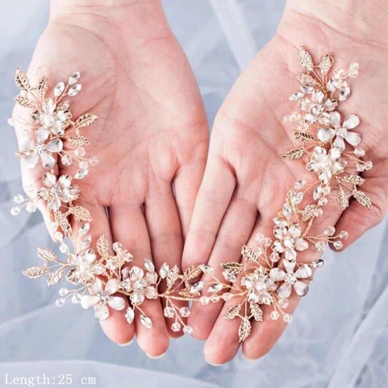 Bando bunga kristal daun pernikahan pengantin wanita, perhiasan aksesori rambut hadiah untuk pengantin perempuan berlian imitasi
