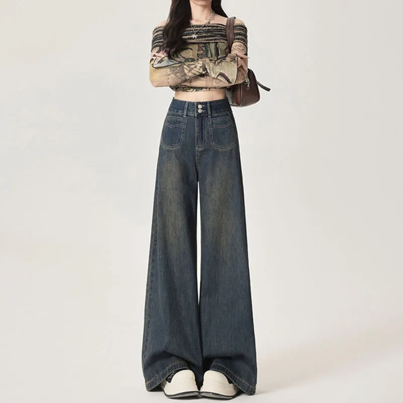 

Новые оригинальные широкие джинсы в стиле ретро, женские весенне-осенние джинсы пластинго размера, женские прямые джинсы длиной до пола с высокой талией 4XL