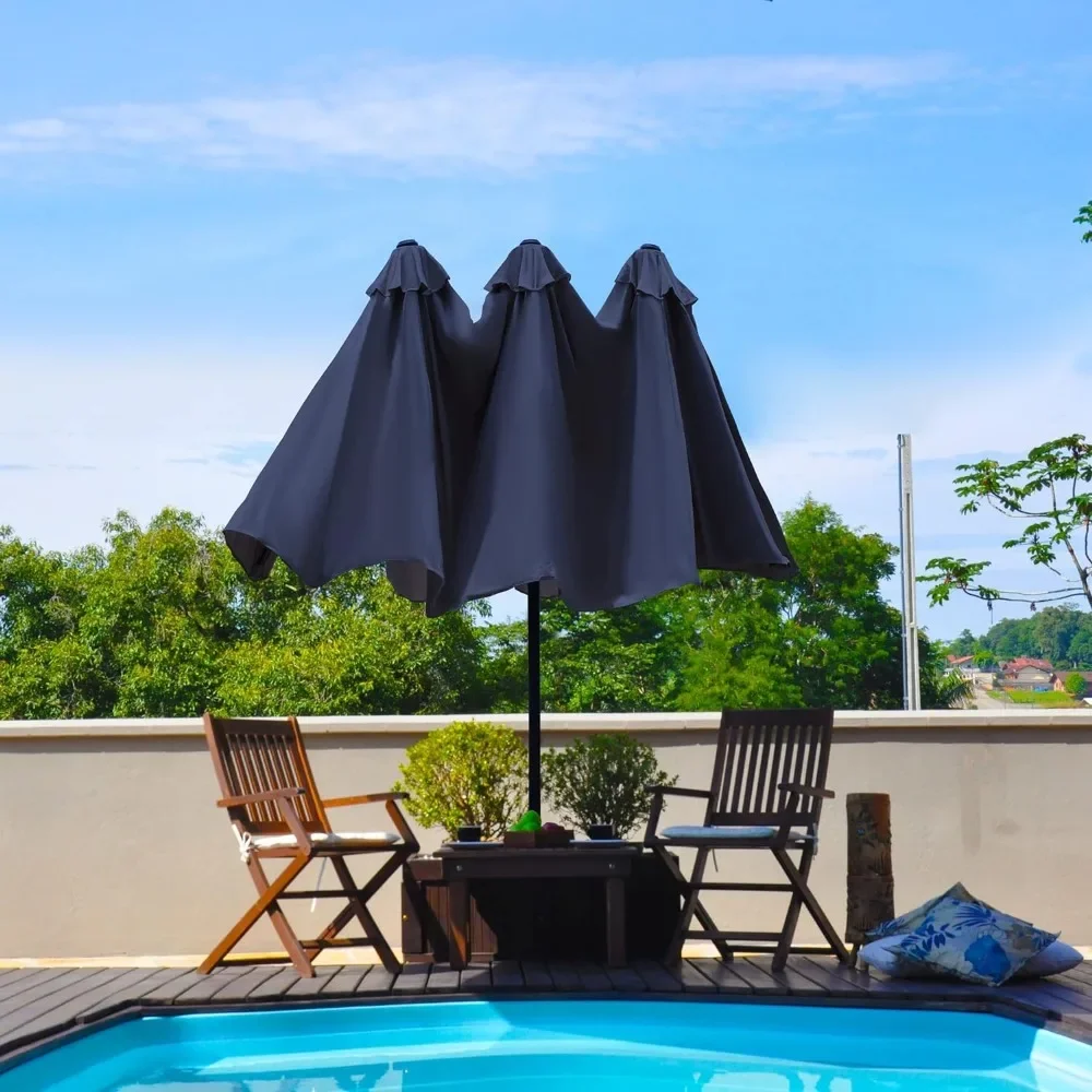 Grote Patio Parasol, 4,5 Meter Met Voet, Dubbelzijdig Rechthoekig Met Krukhandvat, Voor Gazontuin, Buiten Terras Tafelparaplu