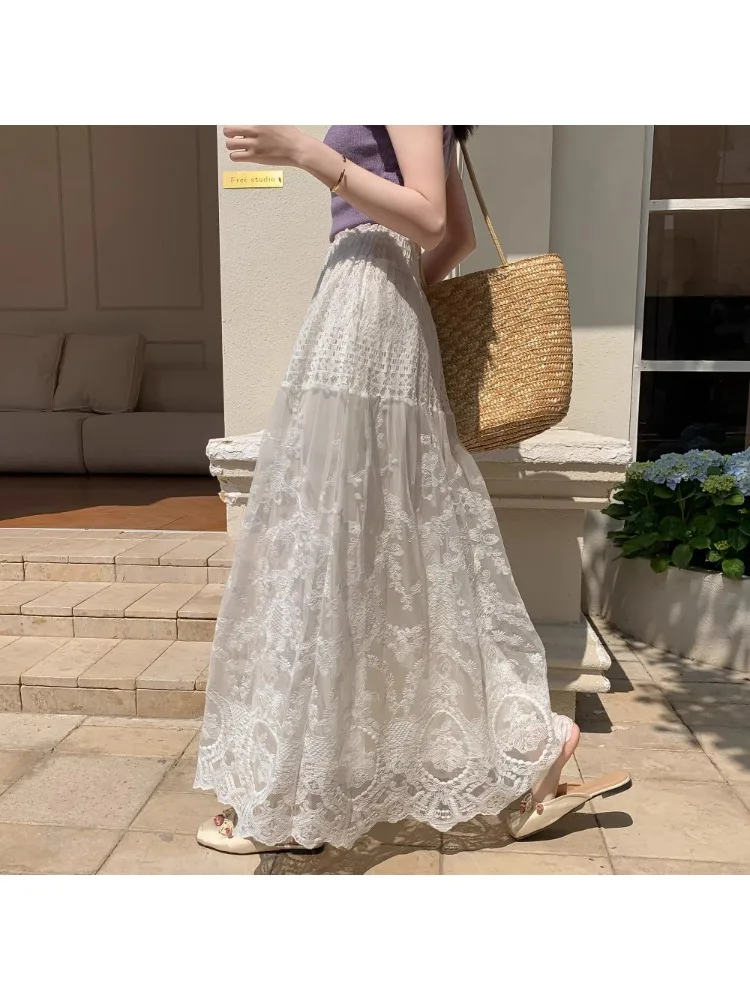 

Lace Trim Mesh Half Skirt Women's Spring Summer Thin Large Size Casual High Waist Slim A-Line Long Skirt