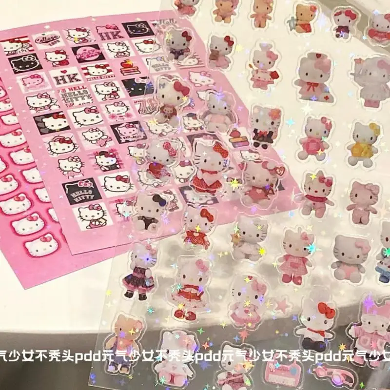 Random 10Pcs Sanrio Hello Kitty Stickers Kawaii Cartoon Laser Kt Cut Film Sticker Anime Peripheral Handbook Decoration Girl Gift