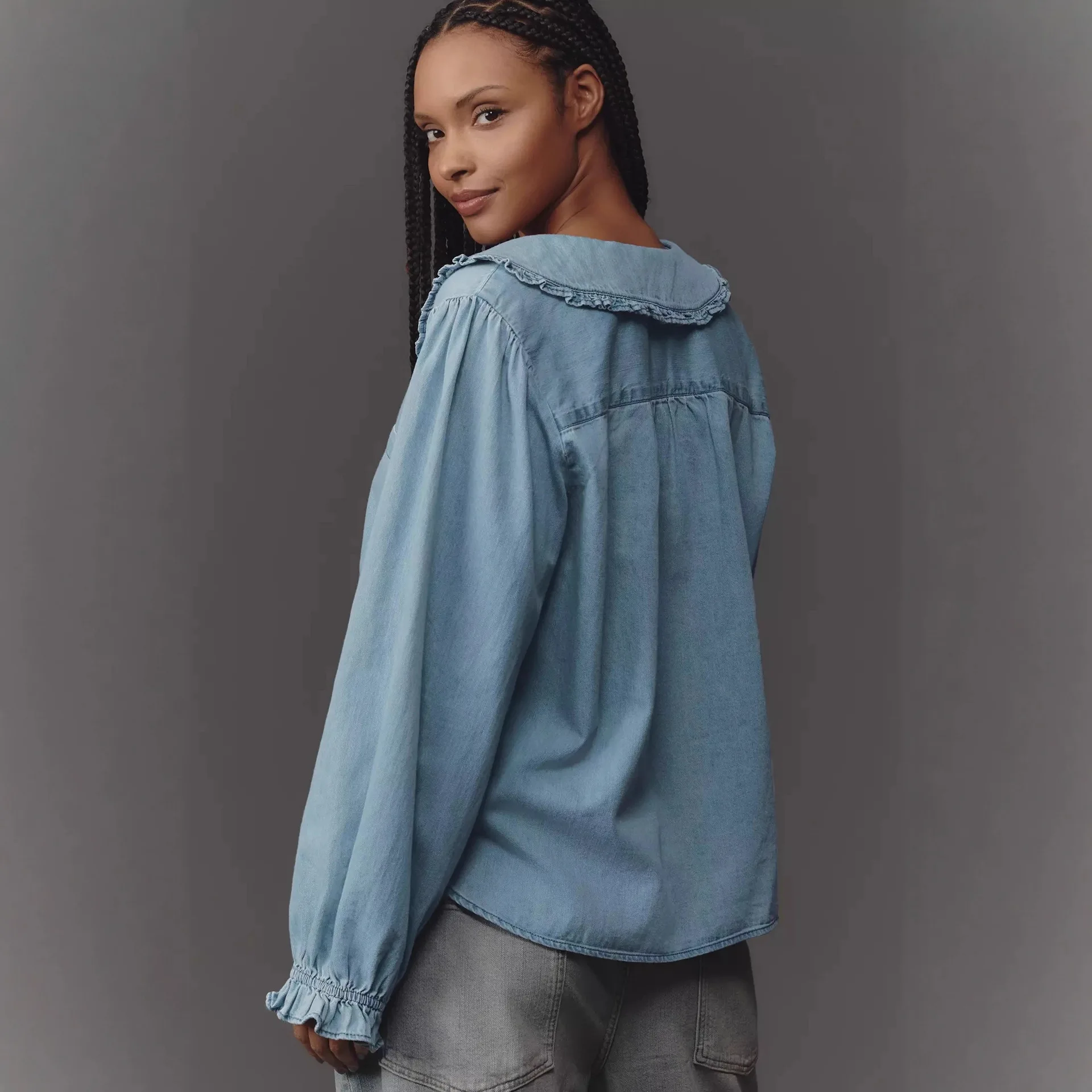 

Новые поступления женской весны/осени Moroder: модная повседневная винтажная легкая джинсовая рубашка с длинными рукавами