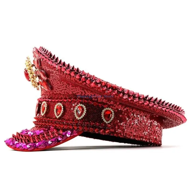 

652B Glinting Captain Hat Colorful Rhinestones Cool Sequins For Women Florid Costume Decorative Crystal Party Outfits