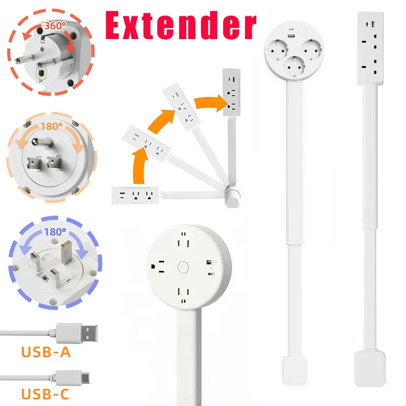 Rotatable Electrical Wall Plug Extender with Adjustable Length Multi-Outlet Power Socket Adapter Space-Saving 360° Rotating Plug