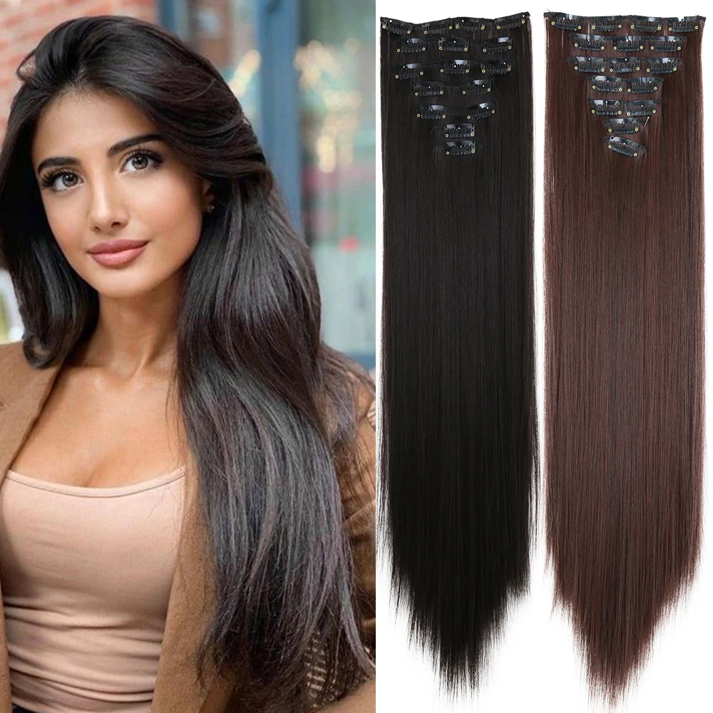 Lansa 24Inch Synthetic 7Pcs/set Long Straight Hair Extension 16Clips Hairstyle Black Blonde Hairpiece for Women