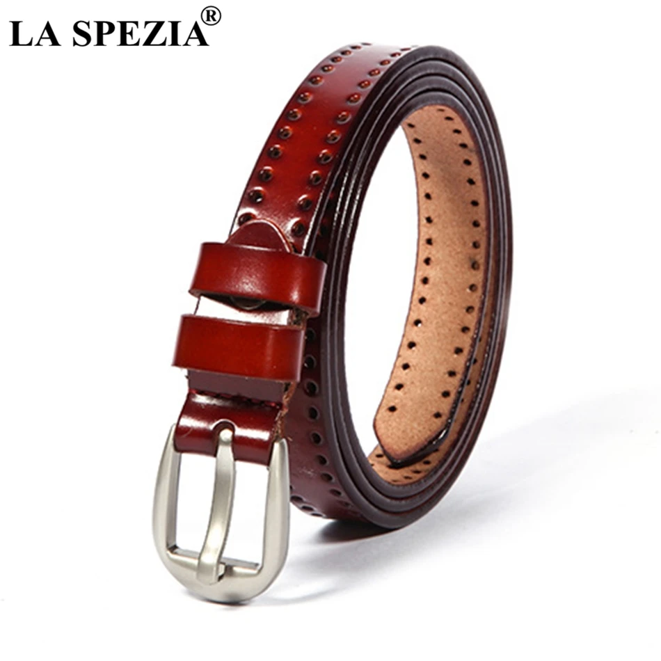 LA SPEZIA White Belt Women Real Leather Chain Pin Buckle Belt Female Classic Genuine Leather Cowhide Ladies Thin Belt With Holes