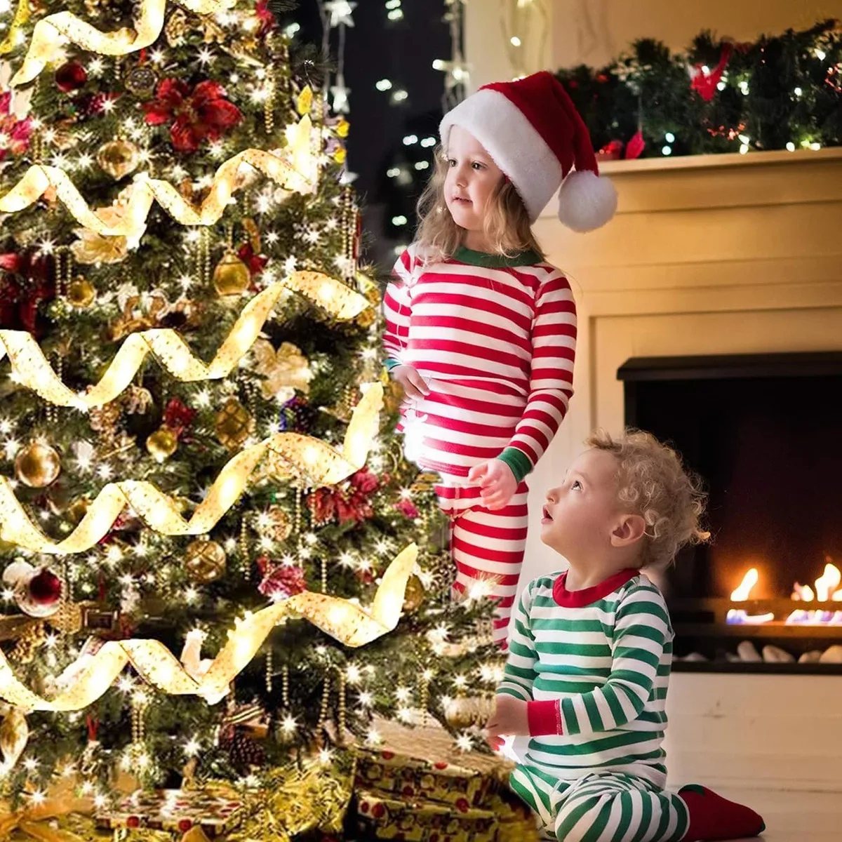 LED Christmas Tree Ribbon Light | 32ft 100LED Gold Sparkling Wave Design | Battery Powered, No Plug | Holiday Decorations