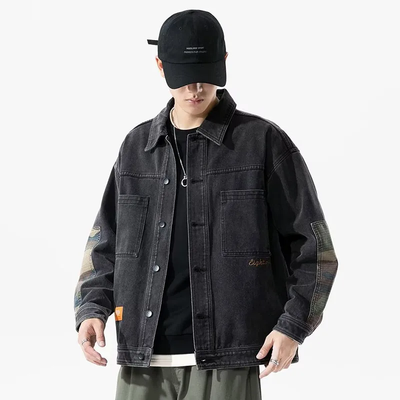 Men's Dark Gray and Blue Jean Jacket, Men's Coats, Autumn and Winter Denim Jacket, Men Clothing, Men's Jackets, Men Outerwear