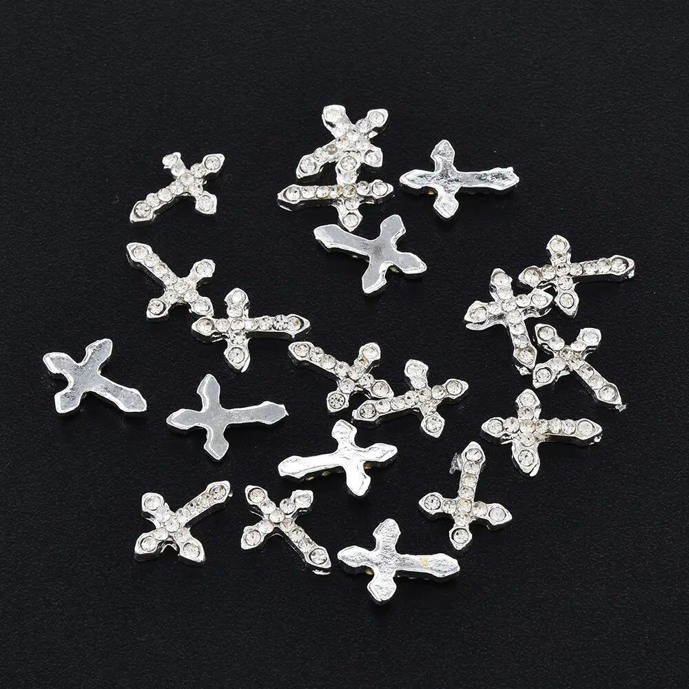 10pcs 3D Shiny Rhinestones Cross Gems Aolly Silver Cross Nail Charms 7*12cm Flat Back Diamond Crystal Rhinestones Nail Art Charm