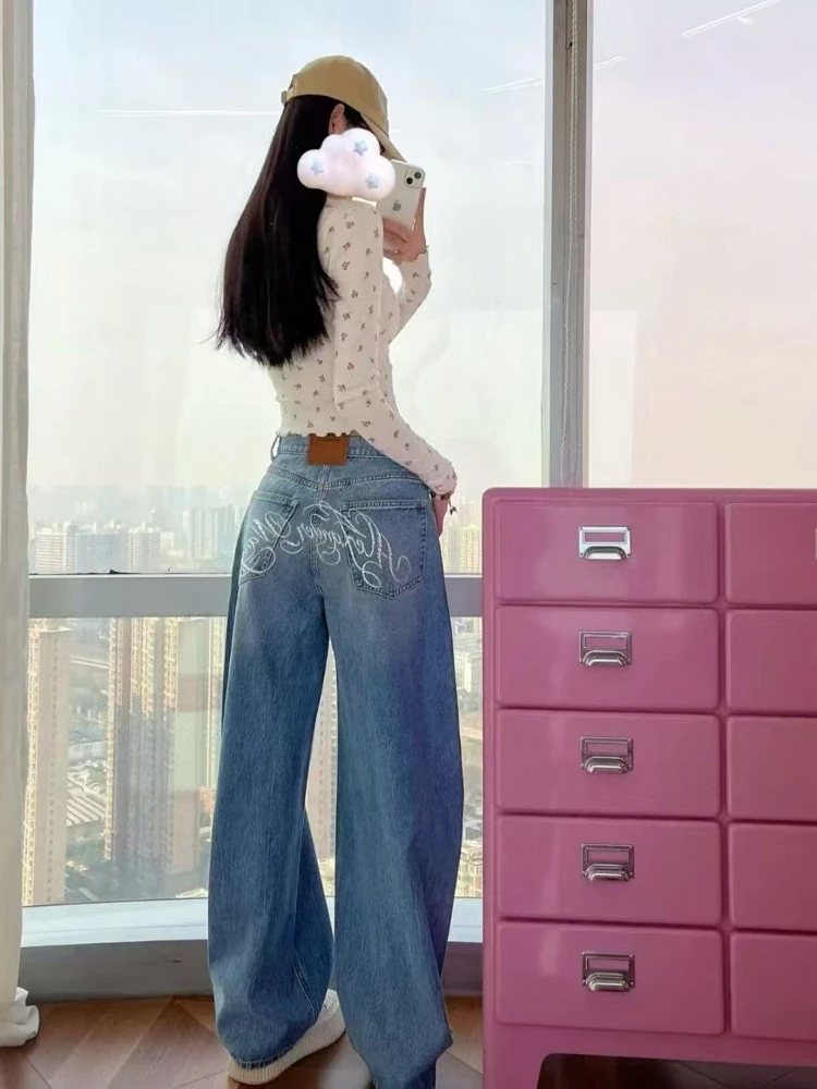 

King Fly Faion 2025 Early Autumn New Diamond Embellied Letter Slim High Waist Wide Leg Jeans Casual Loose Fit Denim